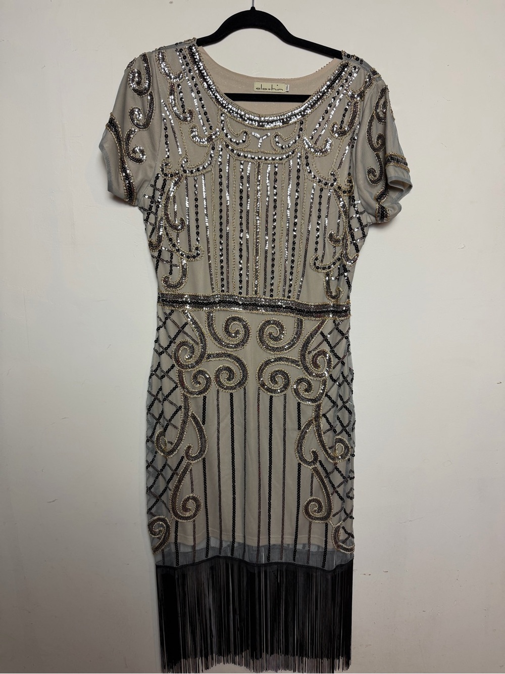 Art Deco Sequin Beaded Fringe Flapper Dress Black Gold Silver XXL